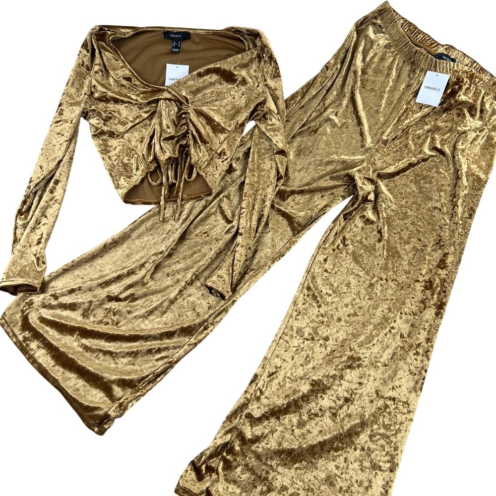 Forever 21 Crushed Velvet 2 Piece Set 0X Mustard Women Crop Top Wide Leg Pants